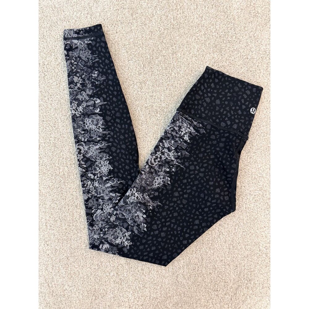 Lululemon Leggings Size 4 Black Gray Lace Floral Print High Rise Yoga